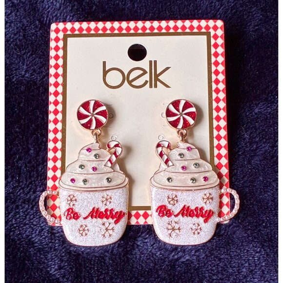 NEW Christmas Earrings Pierced Enamel Front Hot Chocolate Mug Faux Pearl Handle - Picture 1 of 8